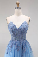 Laden Sie das Bild in den Galerie-Viewer, Blaues Tüll-Korsett A-Linie Sweetheart Appliquiertes Langballkleid mit Schlitz