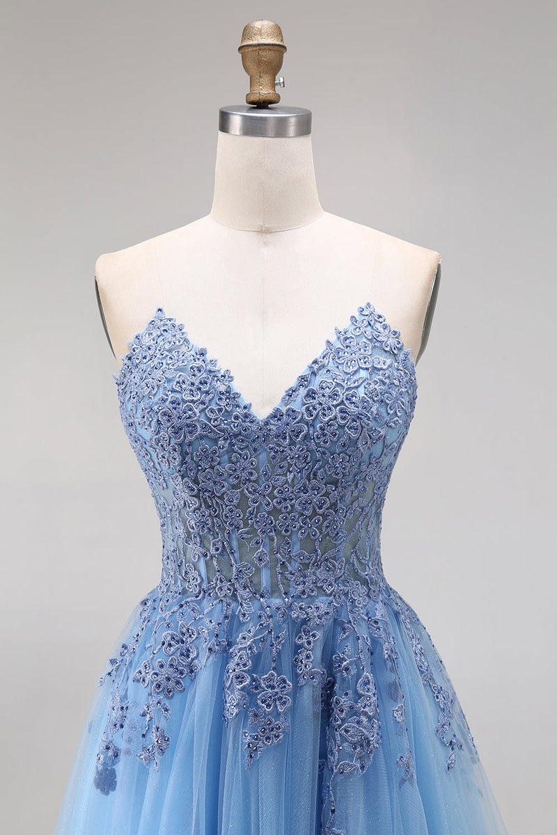 Laden Sie das Bild in den Galerie-Viewer, Blaues Tüll-Korsett A-Linie Sweetheart Appliquiertes Langballkleid mit Schlitz
