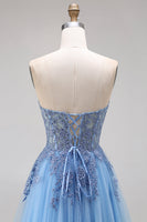 Laden Sie das Bild in den Galerie-Viewer, Blaues Tüll-Korsett A-Linie Sweetheart Appliquiertes Langballkleid mit Schlitz