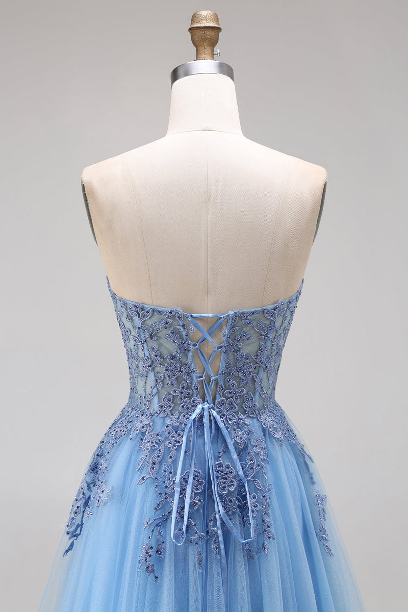Laden Sie das Bild in den Galerie-Viewer, Blaues Tüll-Korsett A-Linie Sweetheart Appliquiertes Langballkleid mit Schlitz