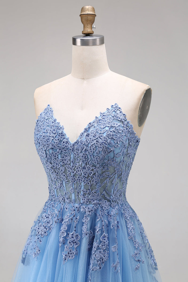 Laden Sie das Bild in den Galerie-Viewer, Blaues Tüll-Korsett A-Linie Sweetheart Appliquiertes Langballkleid mit Schlitz