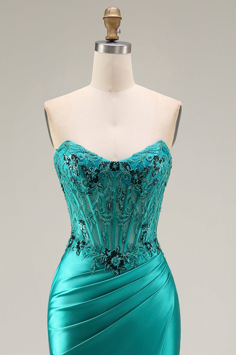 Laden Sie das Bild in den Galerie-Viewer, Pfauen Satin Korsett Meerjungfrau Falten mit Perlen Applikiertes Langes Ballkleid mit Schlitz
