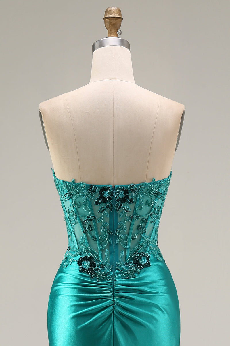 Laden Sie das Bild in den Galerie-Viewer, Pfauen Satin Korsett Meerjungfrau Falten mit Perlen Applikiertes Langes Ballkleid mit Schlitz