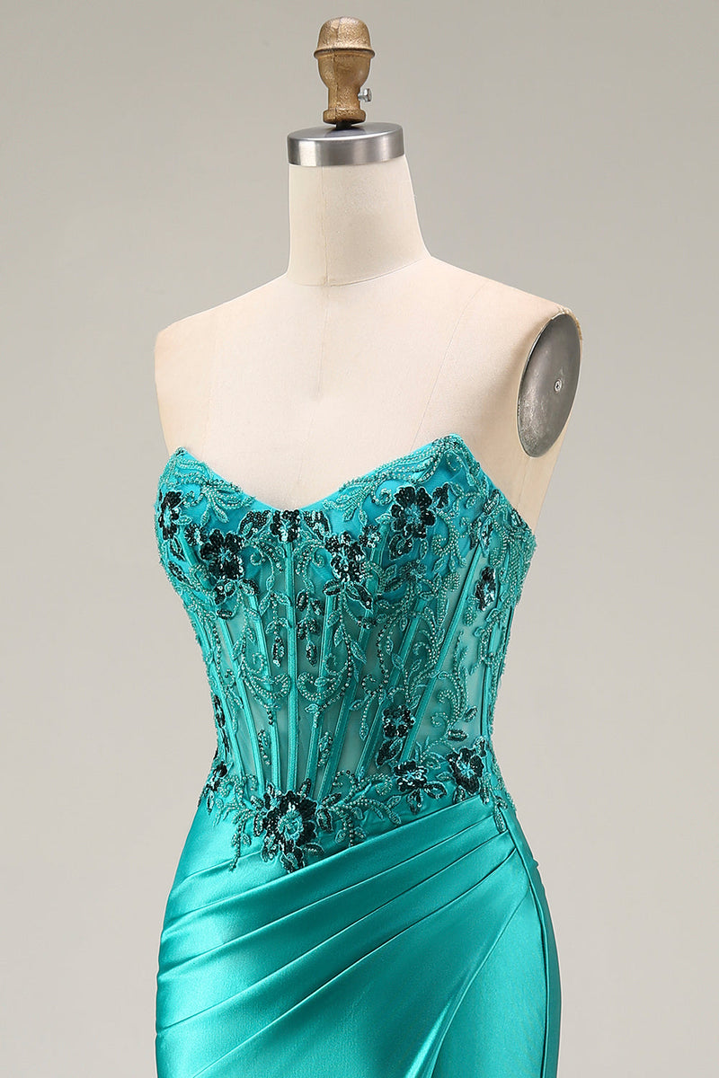 Laden Sie das Bild in den Galerie-Viewer, Pfauen Satin Korsett Meerjungfrau Falten mit Perlen Applikiertes Langes Ballkleid mit Schlitz