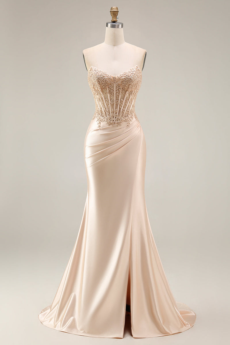 Laden Sie das Bild in den Galerie-Viewer, Champagner-Satin-Korsett Meerjungfrauen-Applikiertes langes Abschlussballkleid mit Schlitz