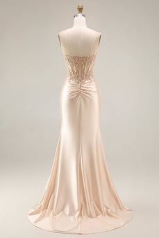 Champagner-Satin-Korsett Meerjungfrauen-Applikiertes langes Abschlussballkleid mit Schlitz