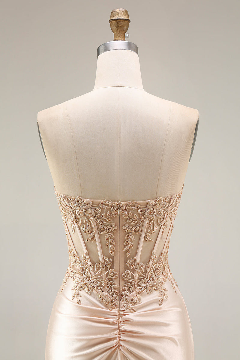 Laden Sie das Bild in den Galerie-Viewer, Champagner-Satin-Korsett Meerjungfrauen-Applikiertes langes Abschlussballkleid mit Schlitz