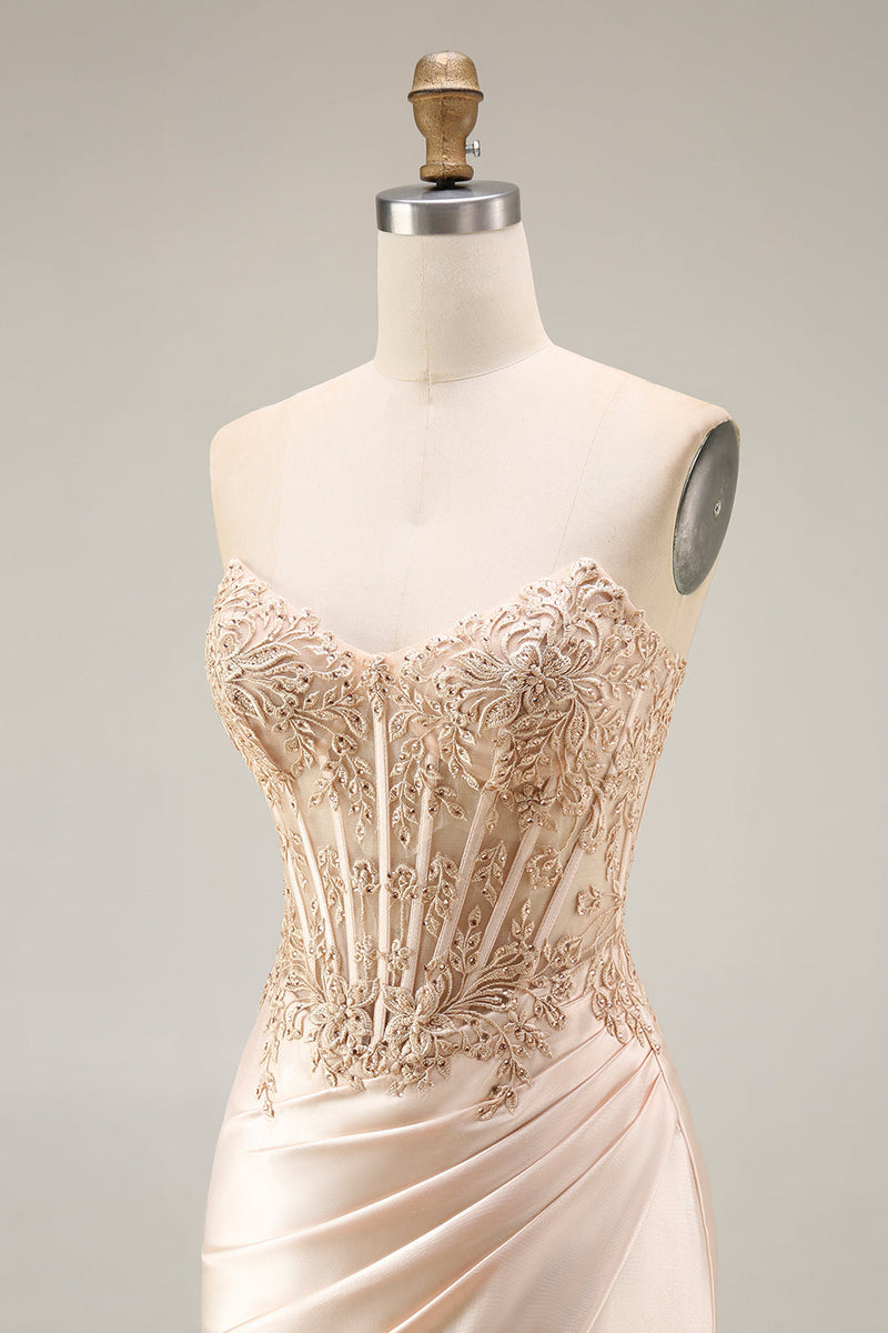 Laden Sie das Bild in den Galerie-Viewer, Champagner-Satin-Korsett Meerjungfrauen-Applikiertes langes Abschlussballkleid mit Schlitz