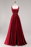 Laden Sie das Bild in den Galerie-Viewer, Glitzerndes burgunderrotes Samtkorsett mit quadratem Ausschnitt und langem Abschlussball-Kleid in A-Linie