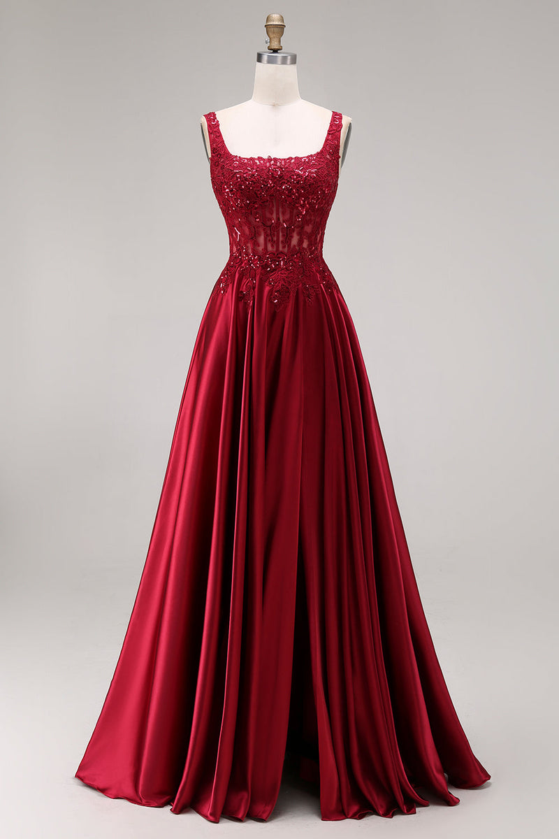 Laden Sie das Bild in den Galerie-Viewer, Glitzerndes burgunderrotes Samtkorsett mit quadratem Ausschnitt und langem Abschlussball-Kleid in A-Linie