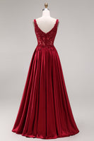 Laden Sie das Bild in den Galerie-Viewer, Glitzerndes burgunderrotes Samtkorsett mit quadratem Ausschnitt und langem Abschlussball-Kleid in A-Linie