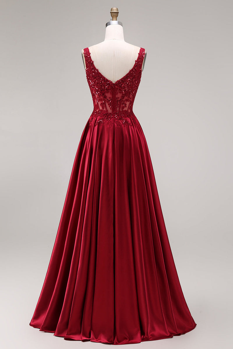 Laden Sie das Bild in den Galerie-Viewer, Glitzerndes burgunderrotes Samtkorsett mit quadratem Ausschnitt und langem Abschlussball-Kleid in A-Linie