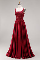 Laden Sie das Bild in den Galerie-Viewer, Glitzerndes burgunderrotes Samtkorsett mit quadratem Ausschnitt und langem Abschlussball-Kleid in A-Linie