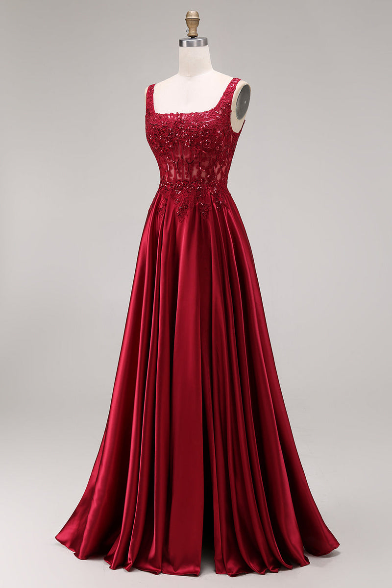 Laden Sie das Bild in den Galerie-Viewer, Glitzerndes burgunderrotes Samtkorsett mit quadratem Ausschnitt und langem Abschlussball-Kleid in A-Linie