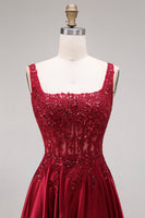 Laden Sie das Bild in den Galerie-Viewer, Glitzerndes burgunderrotes Samtkorsett mit quadratem Ausschnitt und langem Abschlussball-Kleid in A-Linie
