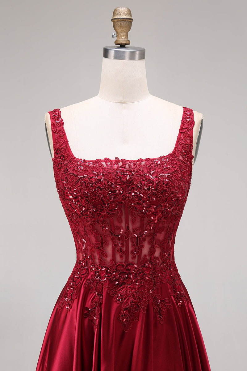 Laden Sie das Bild in den Galerie-Viewer, Glitzerndes burgunderrotes Samtkorsett mit quadratem Ausschnitt und langem Abschlussball-Kleid in A-Linie