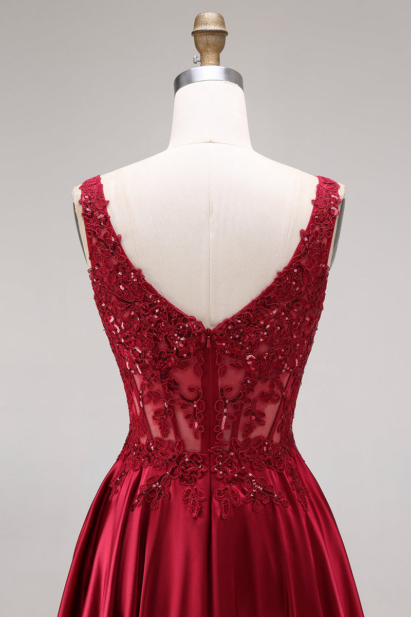 Laden Sie das Bild in den Galerie-Viewer, Glitzerndes burgunderrotes Samtkorsett mit quadratem Ausschnitt und langem Abschlussball-Kleid in A-Linie