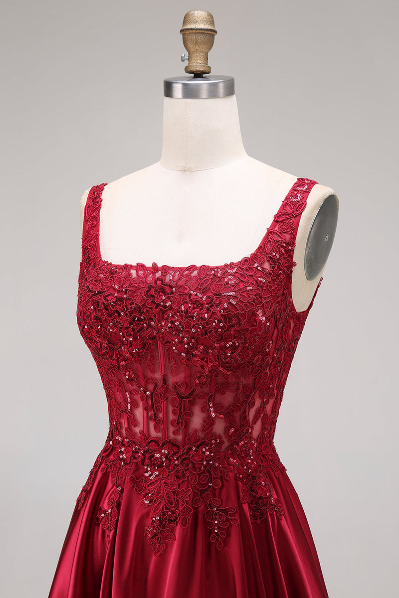 Laden Sie das Bild in den Galerie-Viewer, Glitzerndes burgunderrotes Samtkorsett mit quadratem Ausschnitt und langem Abschlussball-Kleid in A-Linie