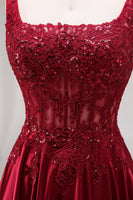 Laden Sie das Bild in den Galerie-Viewer, Glitzerndes burgunderrotes Samtkorsett mit quadratem Ausschnitt und langem Abschlussball-Kleid in A-Linie