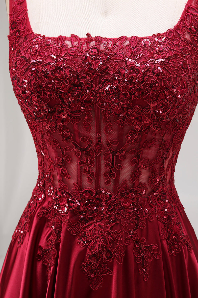 Laden Sie das Bild in den Galerie-Viewer, Glitzerndes burgunderrotes Samtkorsett mit quadratem Ausschnitt und langem Abschlussball-Kleid in A-Linie