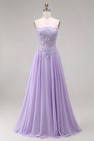 Laden Sie das Bild in den Galerie-Viewer, Tulle Lilac Strapless Corset A-Line Appliqued Long Prom Dress