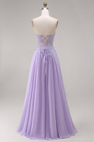 Laden Sie das Bild in den Galerie-Viewer, Tulle Lilac Strapless Corset A-Line Appliqued Long Prom Dress