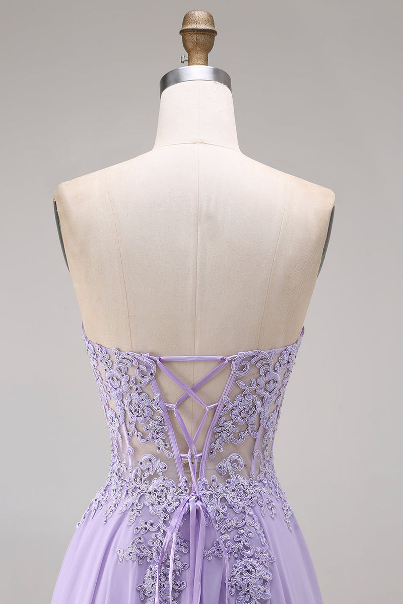 Laden Sie das Bild in den Galerie-Viewer, Tulle Lilac Strapless Corset A-Line Appliqued Long Prom Dress
