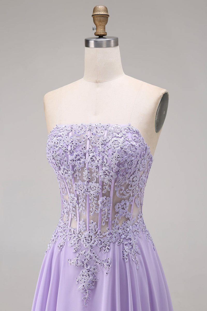 Laden Sie das Bild in den Galerie-Viewer, Tulle Lilac Strapless Corset A-Line Appliqued Long Prom Dress