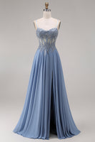 Laden Sie das Bild in den Galerie-Viewer, Stahlblaues Chiffon-Korsett A-Line-Applikiertes Langballkleid mit Schlitz