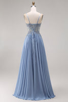 Laden Sie das Bild in den Galerie-Viewer, Stahlblaues Chiffon-Korsett A-Line-Applikiertes Langballkleid mit Schlitz