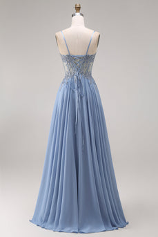 Stahlblaues Chiffon-Korsett A-Line-Applikiertes Langballkleid mit Schlitz
