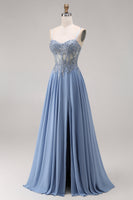 Laden Sie das Bild in den Galerie-Viewer, Stahlblaues Chiffon-Korsett A-Line-Applikiertes Langballkleid mit Schlitz