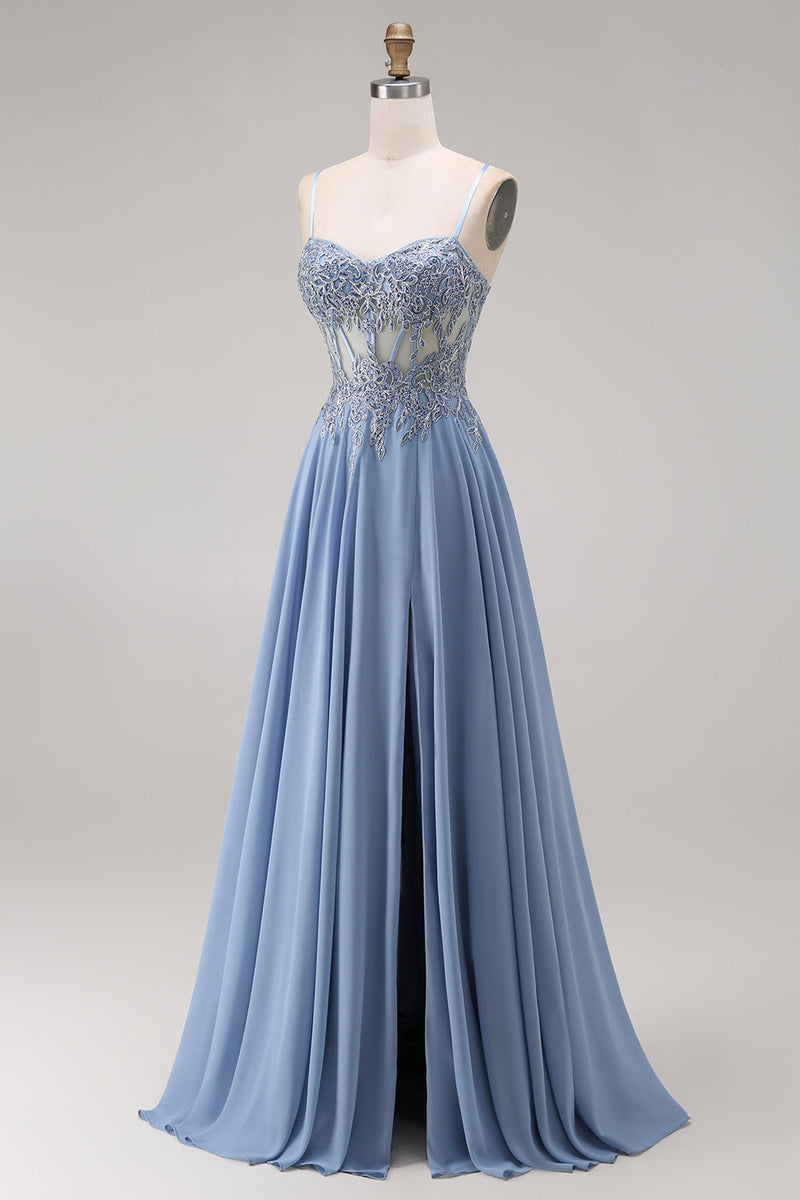 Laden Sie das Bild in den Galerie-Viewer, Stahlblaues Chiffon-Korsett A-Line-Applikiertes Langballkleid mit Schlitz