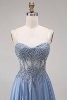 Laden Sie das Bild in den Galerie-Viewer, Stahlblaues Chiffon-Korsett A-Line-Applikiertes Langballkleid mit Schlitz