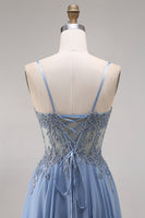 Laden Sie das Bild in den Galerie-Viewer, Stahlblaues Chiffon-Korsett A-Line-Applikiertes Langballkleid mit Schlitz