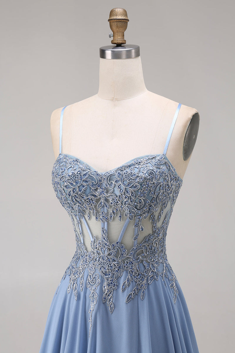 Laden Sie das Bild in den Galerie-Viewer, Stahlblaues Chiffon-Korsett A-Line-Applikiertes Langballkleid mit Schlitz