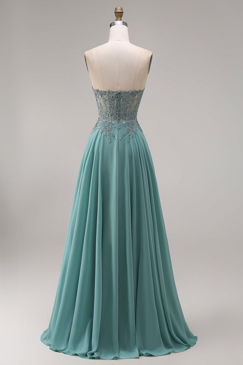 Laden Sie das Bild in den Galerie-Viewer, Chiffon Eukalyptus Herzausschnitt Korsett A-Linie Applikiertes Langes Abschlussballkleid mit Schlitz