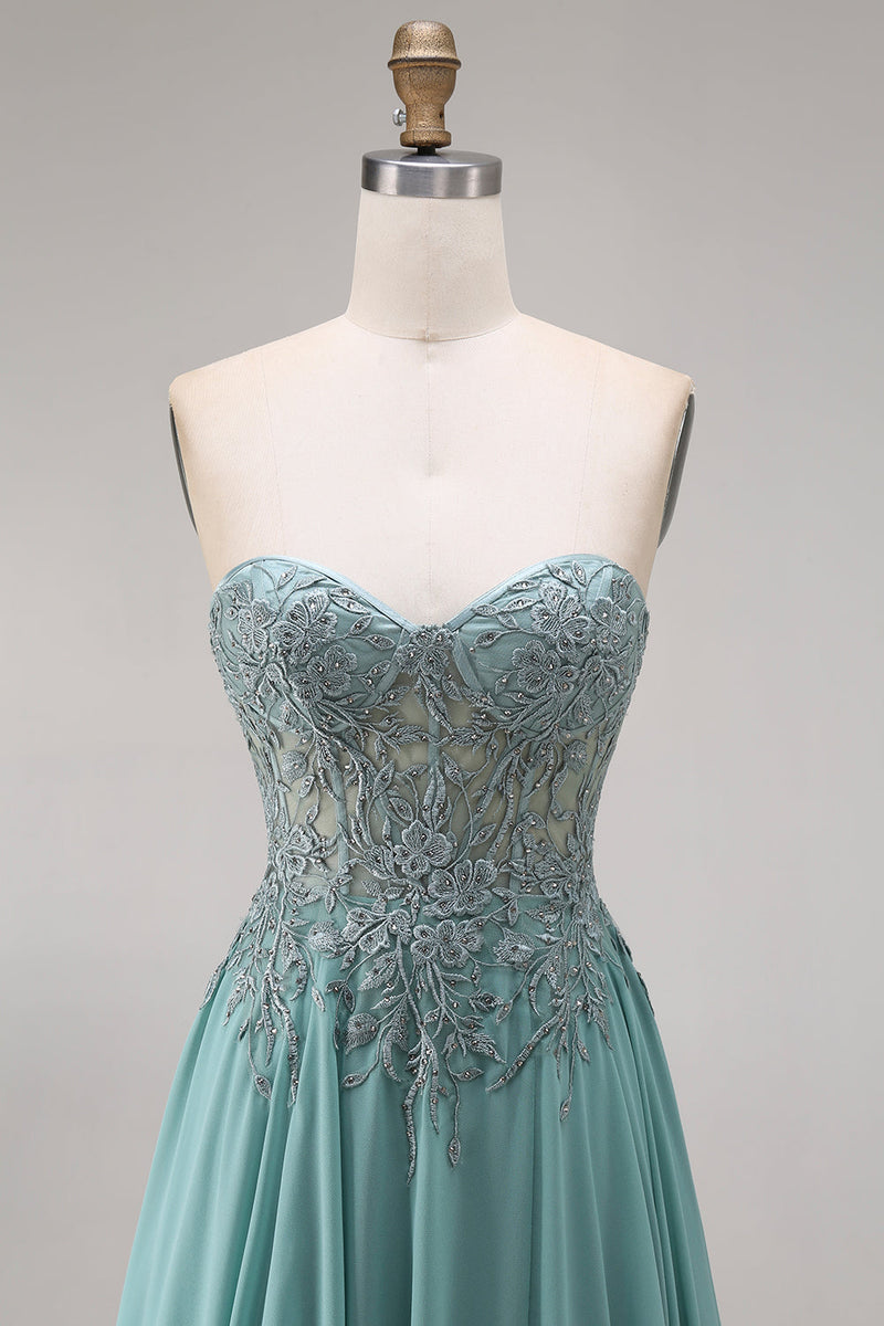 Laden Sie das Bild in den Galerie-Viewer, Chiffon Eukalyptus Herzausschnitt Korsett A-Linie Applikiertes Langes Abschlussballkleid mit Schlitz