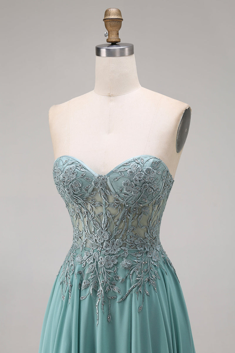 Laden Sie das Bild in den Galerie-Viewer, Chiffon Eukalyptus Herzausschnitt Korsett A-Linie Applikiertes Langes Abschlussballkleid mit Schlitz