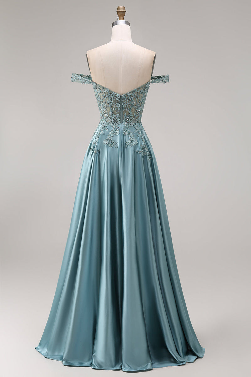 Laden Sie das Bild in den Galerie-Viewer, Agavensatin-axlarfreies Korsett, A-Linien-Perlen-Appliquiertes langes Abschlussballkleid