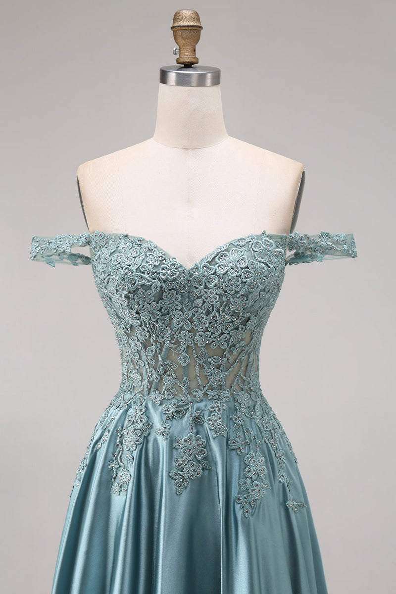 Laden Sie das Bild in den Galerie-Viewer, Agavensatin-axlarfreies Korsett, A-Linien-Perlen-Appliquiertes langes Abschlussballkleid