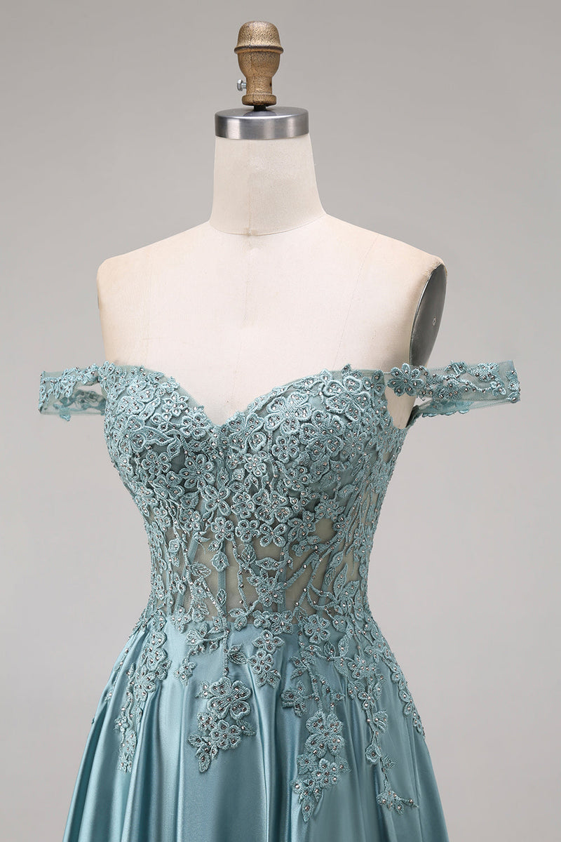 Laden Sie das Bild in den Galerie-Viewer, Agavensatin-axlarfreies Korsett, A-Linien-Perlen-Appliquiertes langes Abschlussballkleid