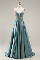 Laden Sie das Bild in den Galerie-Viewer, Agaven-Satin-Korsett A-Line, applikiertes langes Abschlussballkleid mit Schlitz