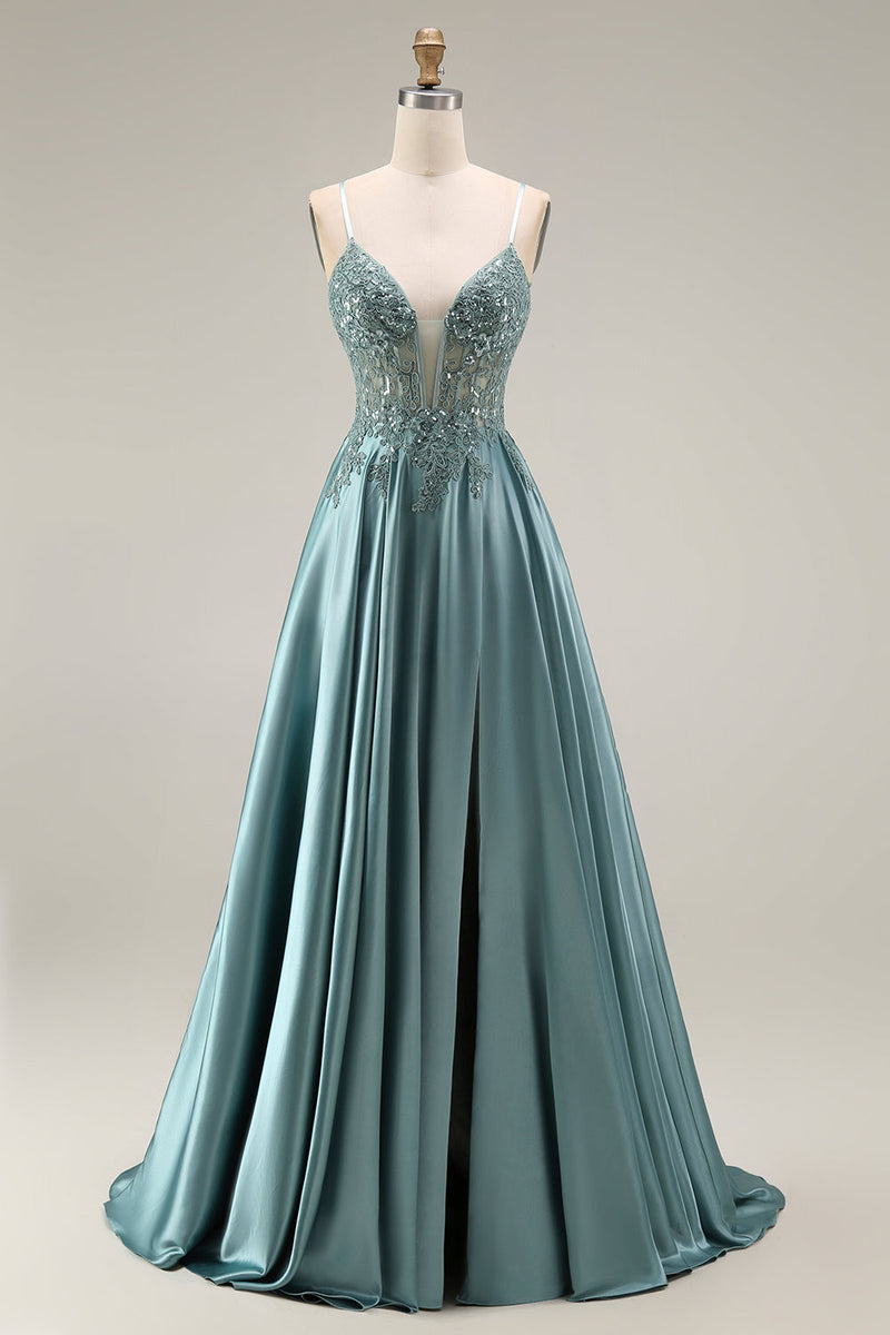 Laden Sie das Bild in den Galerie-Viewer, Agaven-Satin-Korsett A-Line, applikiertes langes Abschlussballkleid mit Schlitz