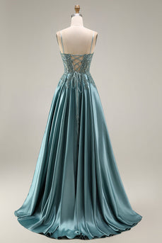 Agaven-Satin-Korsett A-Line, applikiertes langes Abschlussballkleid mit Schlitz