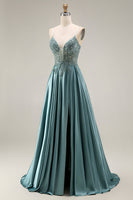 Laden Sie das Bild in den Galerie-Viewer, Agaven-Satin-Korsett A-Line, applikiertes langes Abschlussballkleid mit Schlitz