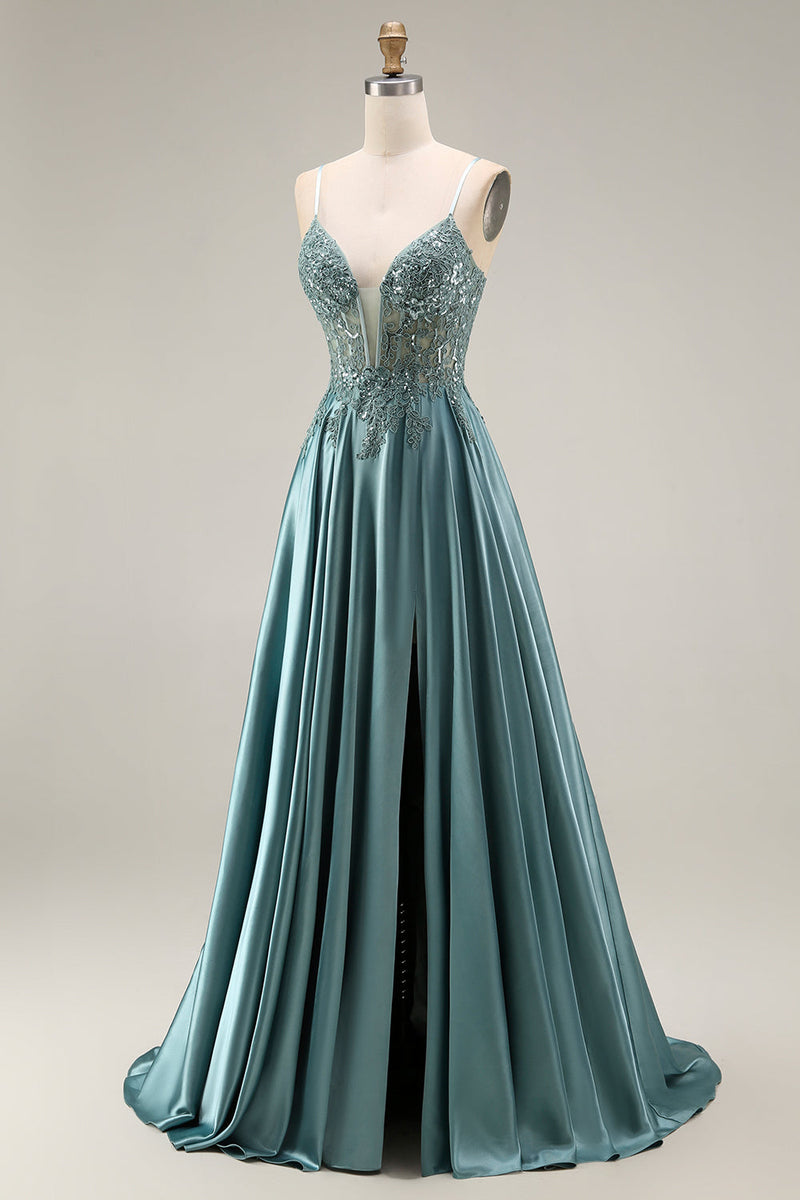 Laden Sie das Bild in den Galerie-Viewer, Agaven-Satin-Korsett A-Line, applikiertes langes Abschlussballkleid mit Schlitz