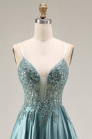 Laden Sie das Bild in den Galerie-Viewer, Agaven-Satin-Korsett A-Line, applikiertes langes Abschlussballkleid mit Schlitz