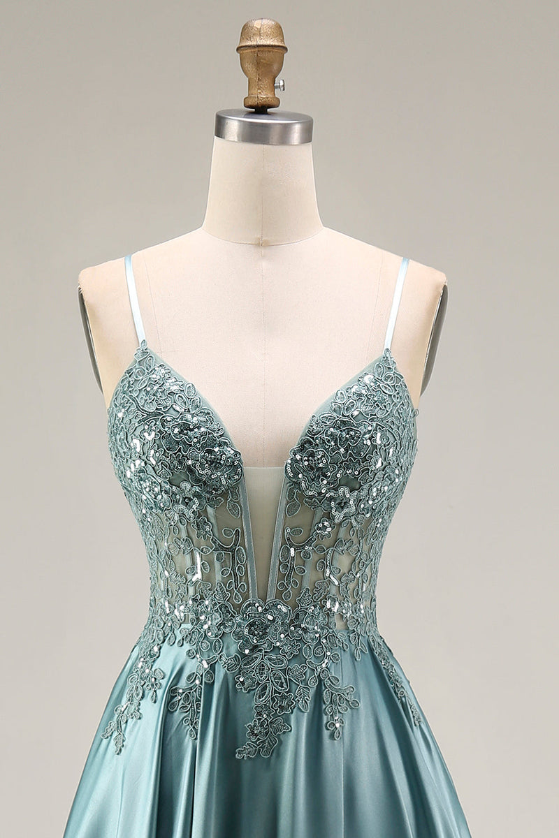Laden Sie das Bild in den Galerie-Viewer, Agaven-Satin-Korsett A-Line, applikiertes langes Abschlussballkleid mit Schlitz