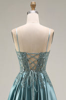 Laden Sie das Bild in den Galerie-Viewer, Agaven-Satin-Korsett A-Line, applikiertes langes Abschlussballkleid mit Schlitz